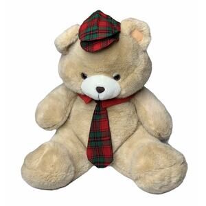 Vtg 80s Cuddle Wit Brown 1985 Christmas Teddy Bear with Plaid Hat and Tie 22"